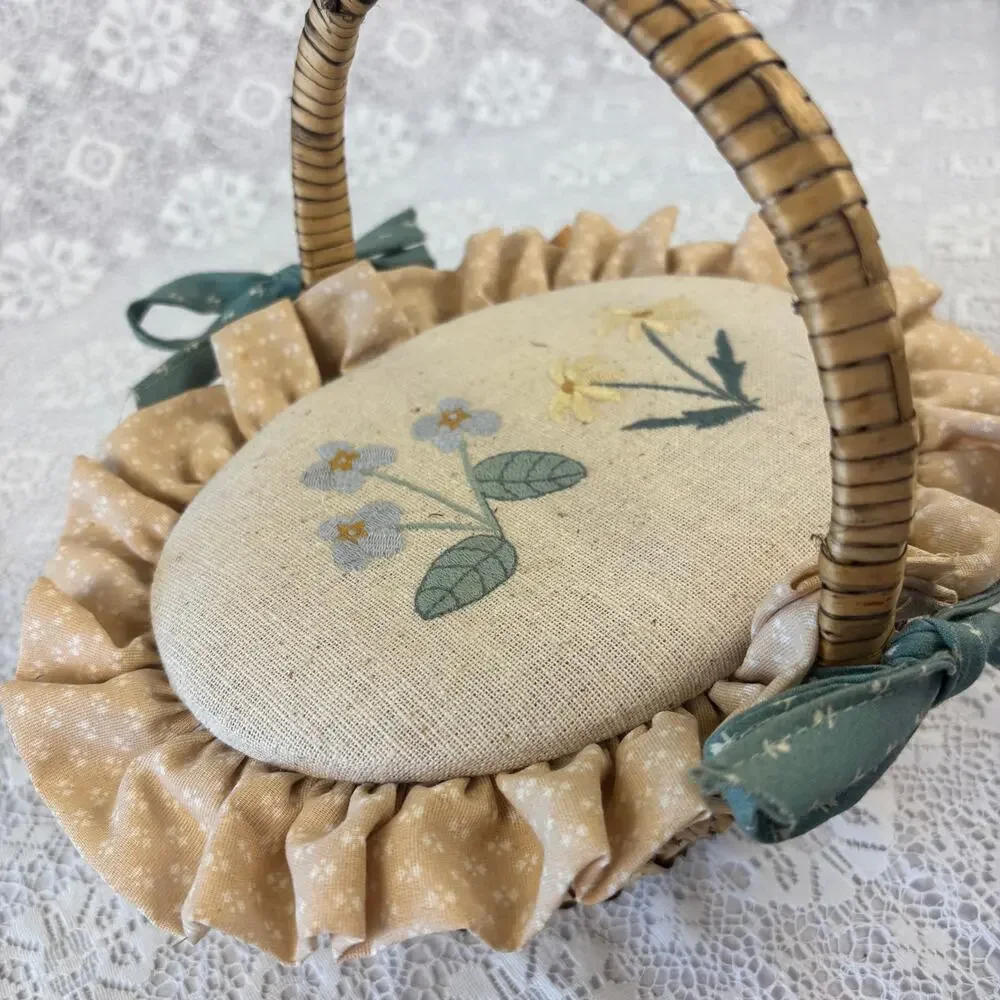 Valorie's Folk Art Appliqué Sewing Basket Wicker Basket with Pincushion Lid